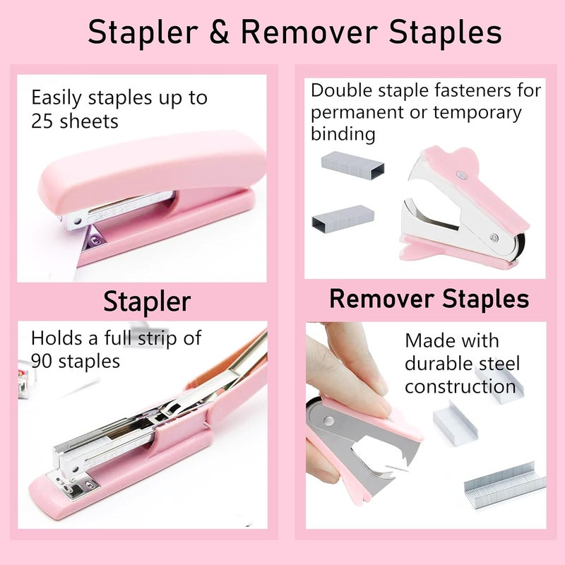 Famassi Pink Office Supplies, Pink Desk Accessories, Stapler, Staple Remover, Tape Holder, Pen Holder, Ballpoint Pen, Scissor, Binder Clips, 1000pcs Staples, Phone Holder, Ruler, Transparent Glue and Notes - Image 3